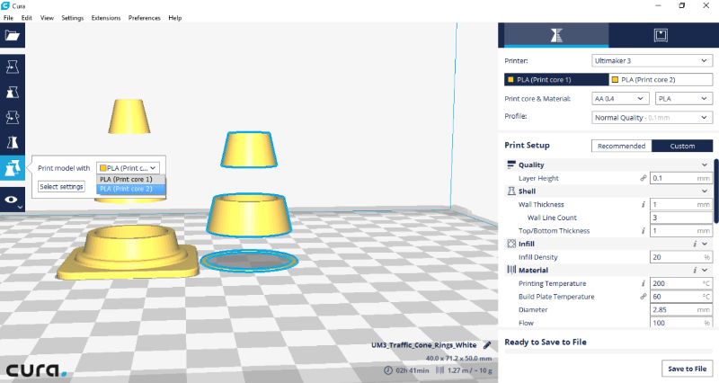 Stap 4, Selecteer het tweede model en geef hier printcore 2 aan - Ultimaker 3 - Bits2Atoms