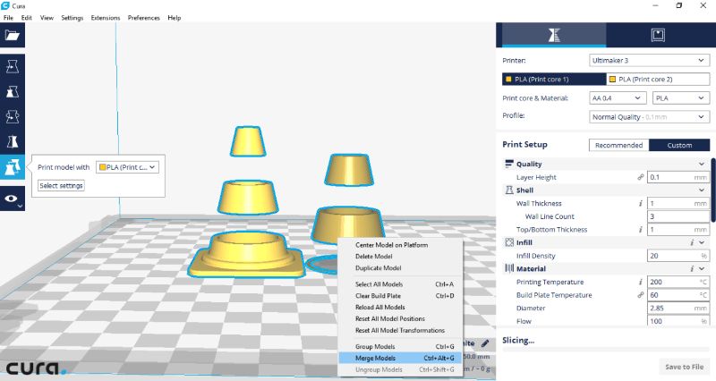 Stap 5, selecteer beide modellen en merge - Ultimaker 3 - Bits2Atoms