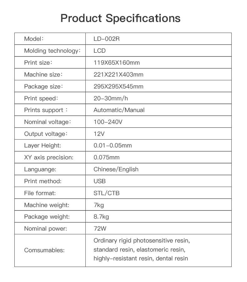 Specificaties Creality LD-002R DLP 3D-printer
