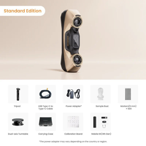 Inhoud van de Revopoint MetroY Ultra Standard Edition inclusief scanner, dual-axis draaitafel en accessoires