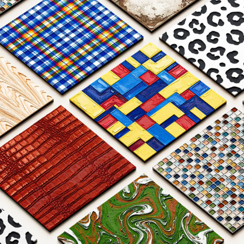 Voorbeelden van texturen en reliëf geprint met de xTool O1 Omni Single UV