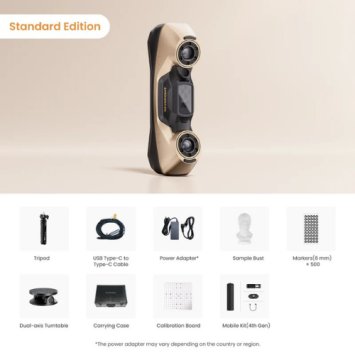 Inhoud van de Revopoint MetroY Ultra Standard Edition inclusief scanner, dual-axis draaitafel en accessoires