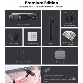 Inhoud Revopoint POP 4 Premium Edition met Battery Grip, draagtas, Outdoor Blue Filters en accessoires